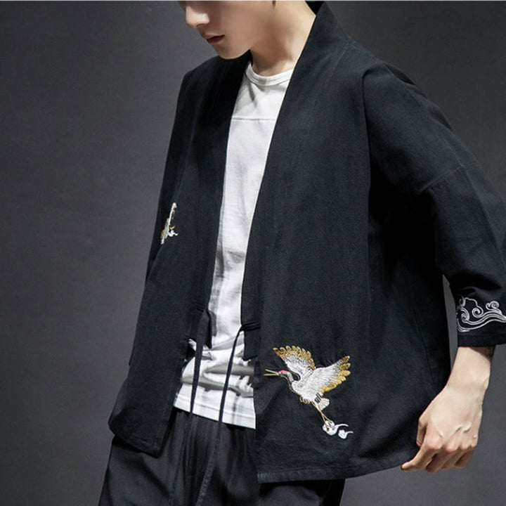 Buddha Stones Plain Embroidery Cranes Cloud Pattern Open Front Jacket Cotton Linen Men's Kimono - image 11