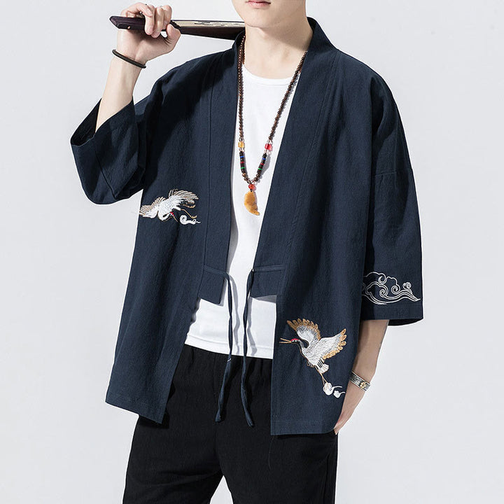 Buddha Stones Plain Embroidery Cranes Cloud Pattern Open Front Jacket Cotton Linen Men's Kimono - Navy - US/UK/AU46，EU56 (5XL) - image 0