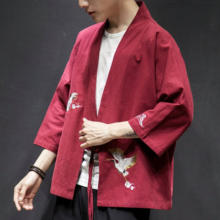 Buddha Stones Plain Embroidery Cranes Cloud Pattern Open Front Jacket Cotton Linen Men's Kimono - image 20