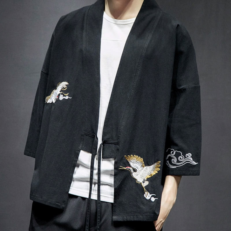 Buddha Stones Plain Embroidery Cranes Cloud Pattern Open Front Jacket Cotton Linen Men's Kimono - image 13