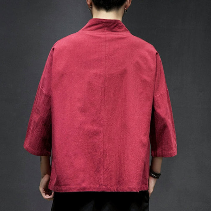 Buddha Stones Plain Embroidery Cranes Cloud Pattern Open Front Jacket Cotton Linen Men's Kimono - image 21