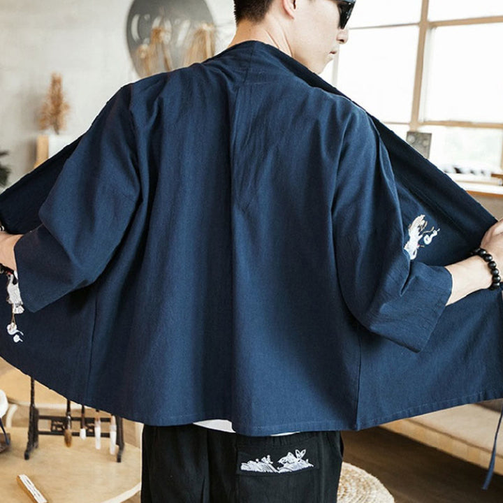 Buddha Stones Plain Embroidery Cranes Cloud Pattern Open Front Jacket Cotton Linen Men's Kimono - image 4