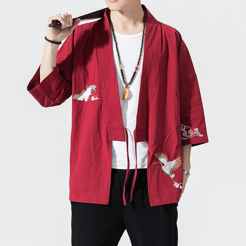 Buddha Stones Plain Embroidery Cranes Cloud Pattern Open Front Jacket Cotton Linen Men's Kimono - Crimson - US/UK/AU46，EU56 (5XL) - image 18