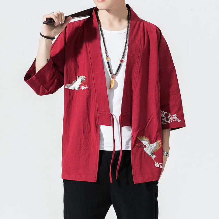 Buddha Stones Plain Embroidery Cranes Cloud Pattern Open Front Jacket Cotton Linen Men's Kimono - Crimson - US/UK/AU46，EU56 (5XL) - image 18