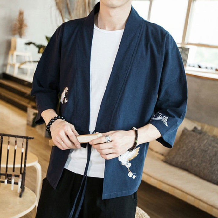 Buddha Stones Plain Embroidery Cranes Cloud Pattern Open Front Jacket Cotton Linen Men's Kimono - image 1