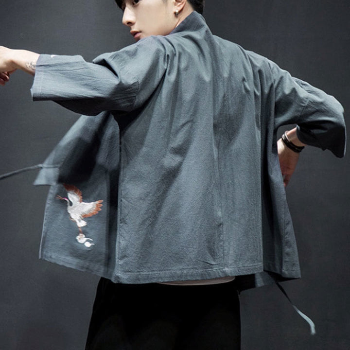 Buddha Stones Plain Embroidery Cranes Cloud Pattern Open Front Jacket Cotton Linen Men's Kimono - image 26
