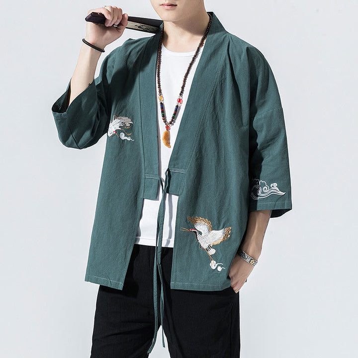 Buddha Stones Plain Embroidery Cranes Cloud Pattern Open Front Jacket Cotton Linen Men's Kimono - CadetBlue - US/UK/AU46，EU56 (5XL) - image 24