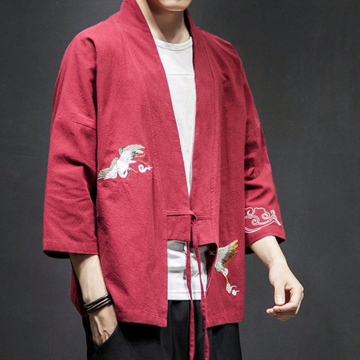 Buddha Stones Plain Embroidery Cranes Cloud Pattern Open Front Jacket Cotton Linen Men's Kimono - image 22