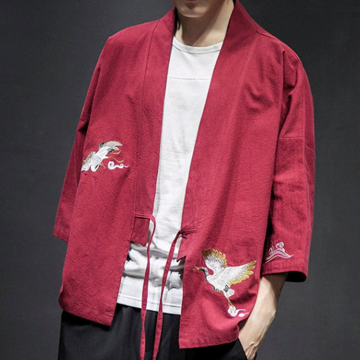 Buddha Stones Plain Embroidery Cranes Cloud Pattern Open Front Jacket Cotton Linen Men's Kimono - image 23
