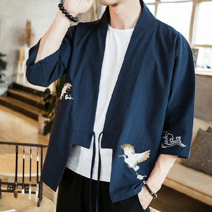 Buddha Stones Plain Embroidery Cranes Cloud Pattern Open Front Jacket Cotton Linen Men's Kimono - image 5