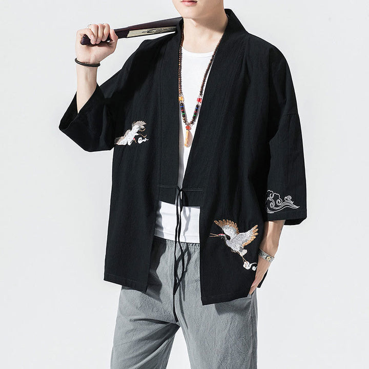 Buddha Stones Plain Embroidery Cranes Cloud Pattern Open Front Jacket Cotton Linen Men's Kimono - Black - US/UK/AU46，EU56 (5XL) - image 10
