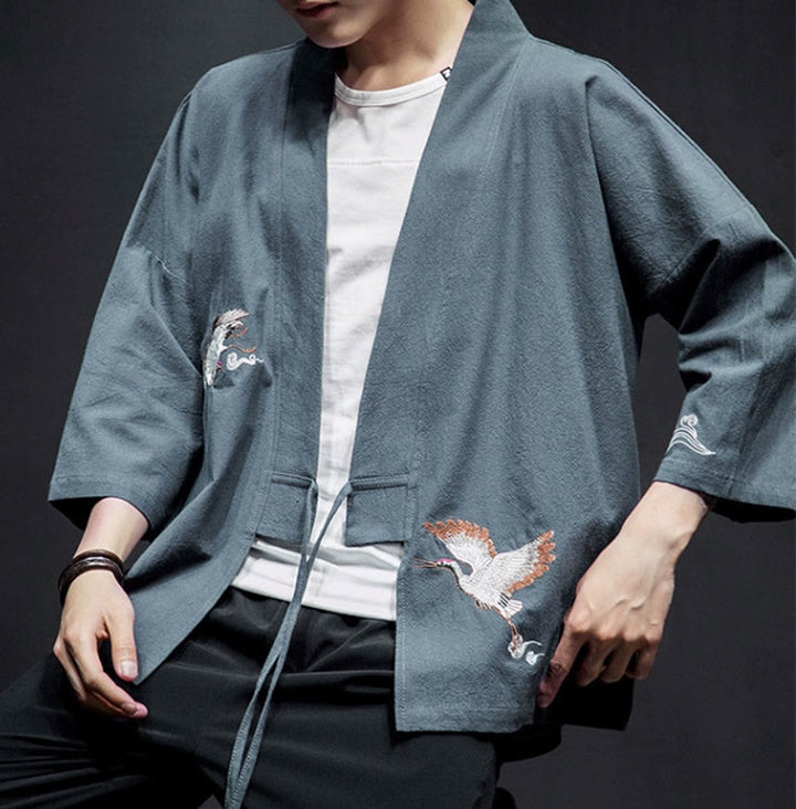 Buddha Stones Plain Embroidery Cranes Cloud Pattern Open Front Jacket Cotton Linen Men's Kimono - image 25