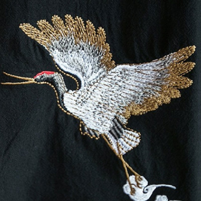 Buddha Stones Plain Embroidery Cranes Cloud Pattern Open Front Jacket Cotton Linen Men's Kimono - image 17