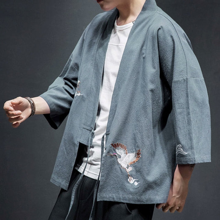 Buddha Stones Plain Embroidery Cranes Cloud Pattern Open Front Jacket Cotton Linen Men's Kimono - image 27