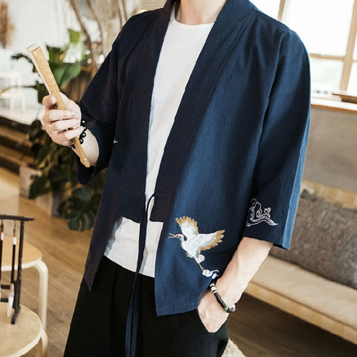 Buddha Stones Plain Embroidery Cranes Cloud Pattern Open Front Jacket Cotton Linen Men's Kimono - image 2