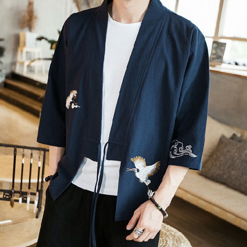 Buddha Stones Plain Embroidery Cranes Cloud Pattern Open Front Jacket Cotton Linen Men's Kimono - image 6