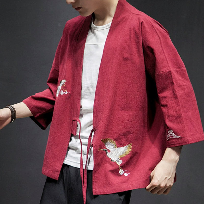 Buddha Stones Plain Embroidery Cranes Cloud Pattern Open Front Jacket Cotton Linen Men's Kimono - image 19