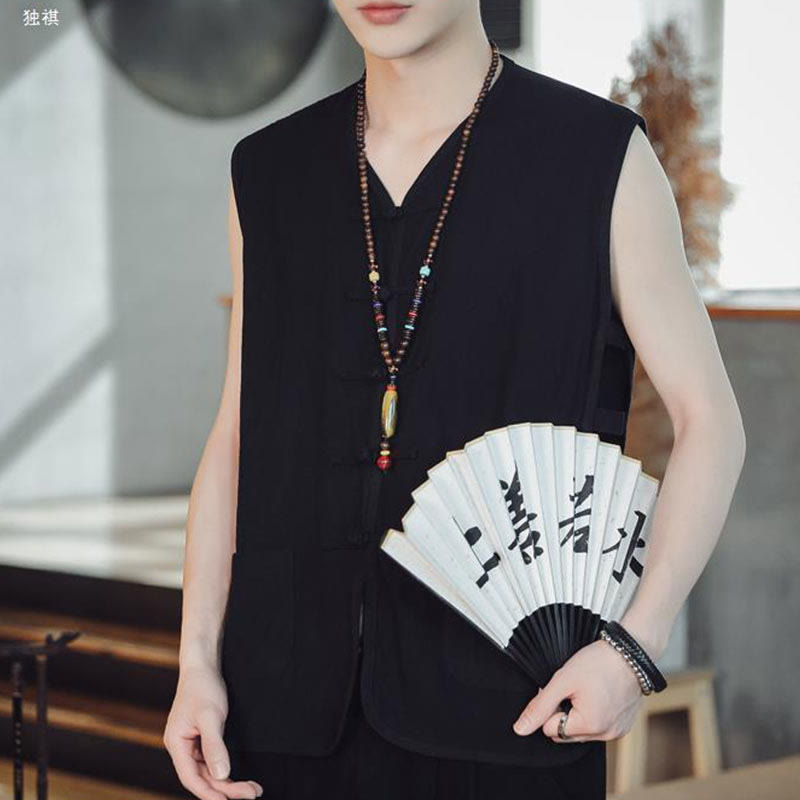 Buddha Stones Casual Chinese Frog-Button Men's Cotton Vest Waistcoat With Pockets