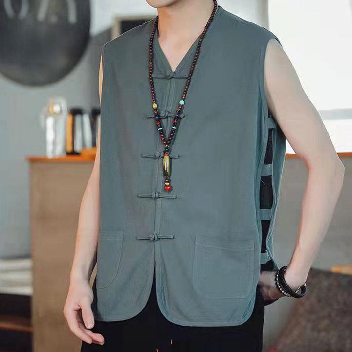 Buddha Stones Casual Chinese Frog-Button Men's Cotton Vest Waistcoat With Pockets