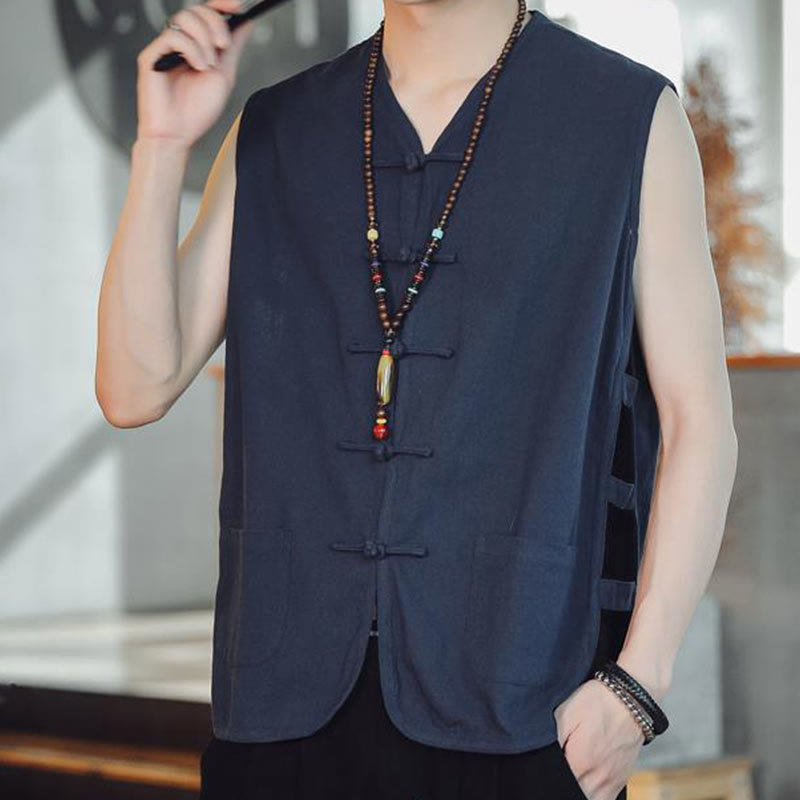 Buddha Stones Casual Chinese Frog-Button Men's Cotton Vest Waistcoat With Pockets