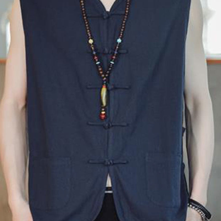 Buddha Stones Casual Chinese Frog-Button Men's Cotton Vest Waistcoat With Pockets