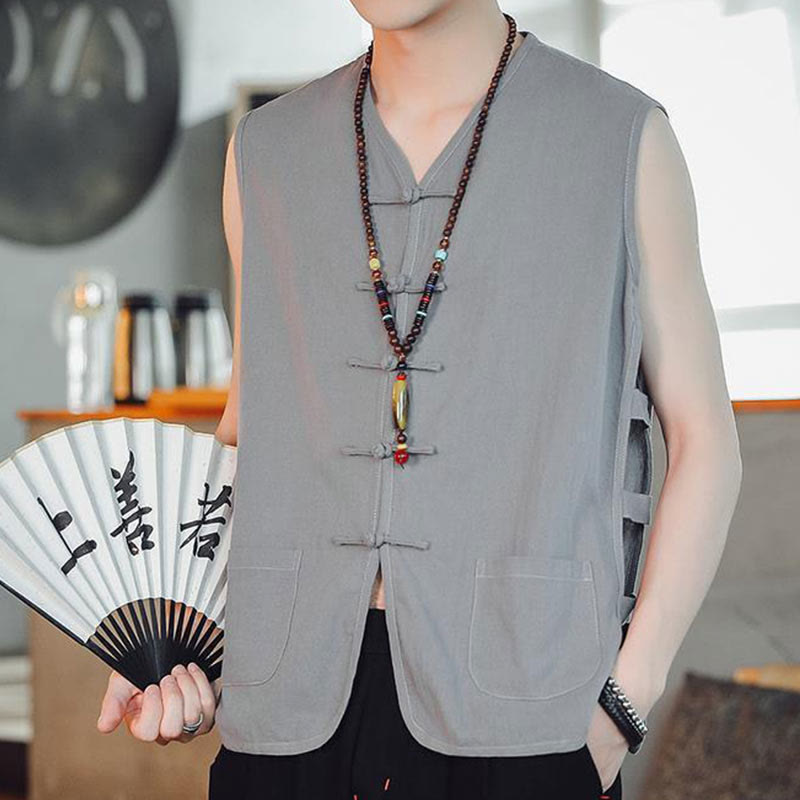 Buddha Stones Casual Chinese Frog-Button Men's Cotton Vest Waistcoat With Pockets