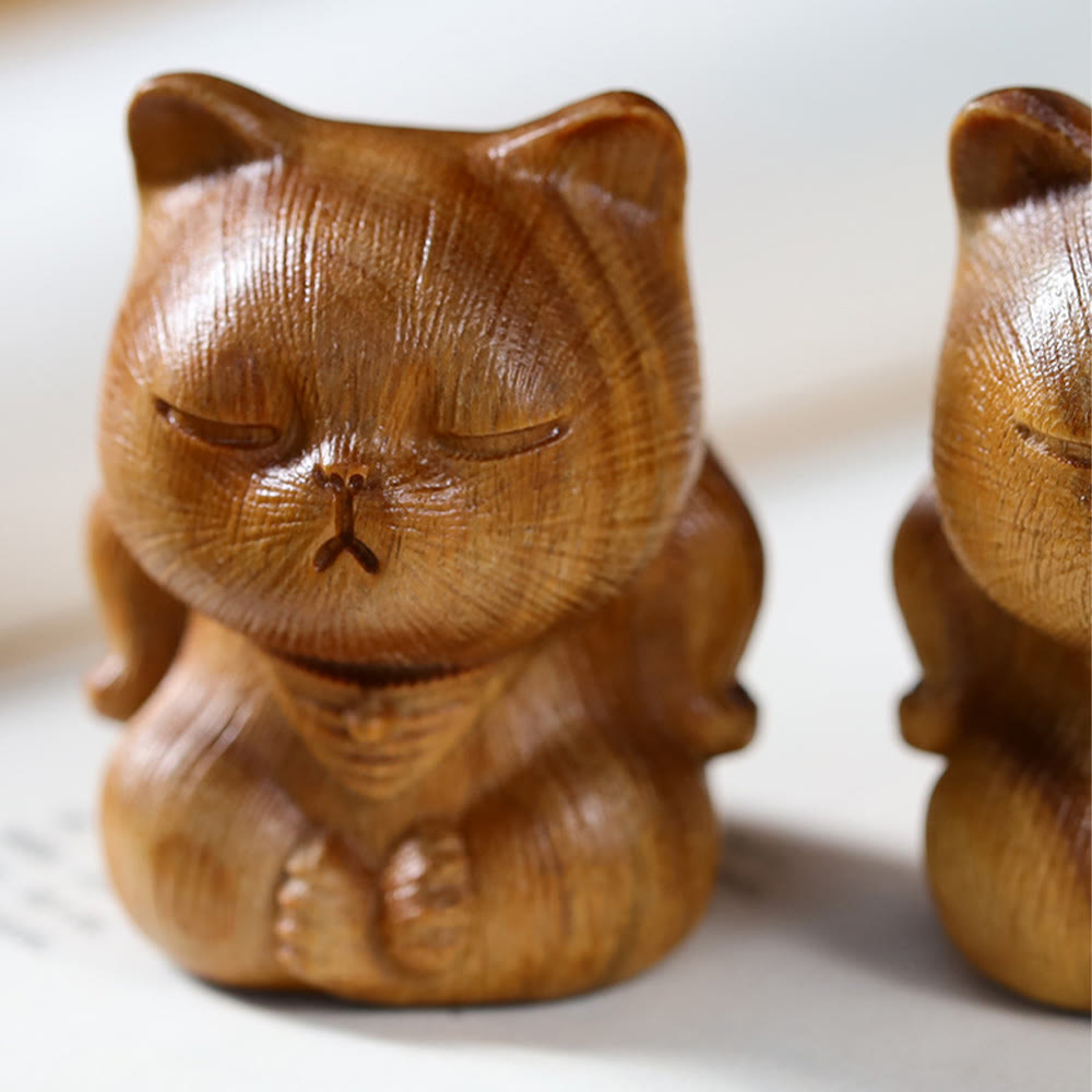 Buddha Stones Small Mini Green Sandalwood Lucky Cat Carved Soothing Decorations - image 4