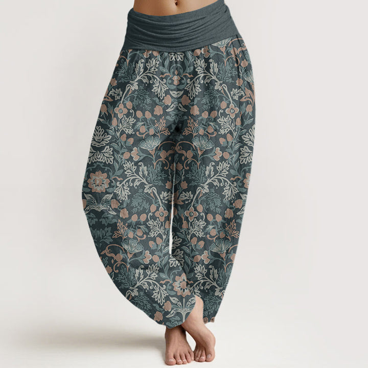 Buddha Stones Pure Cotton Casual Flower Vine Leaves Pattern Women's Elastic Waist Harem Pants