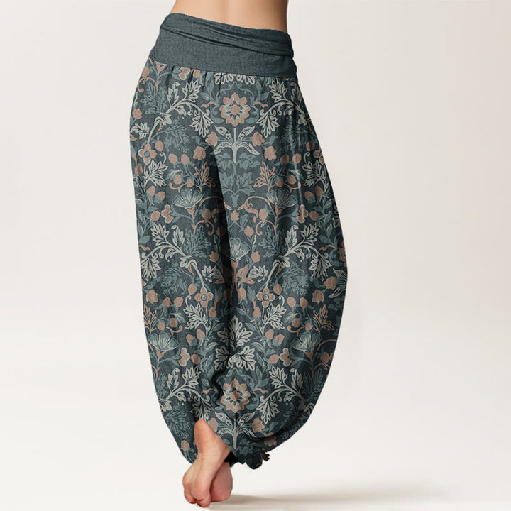 Buddha Stones Pure Cotton Casual Flower Vine Leaves Pattern Women's Elastic Waist Harem Pants