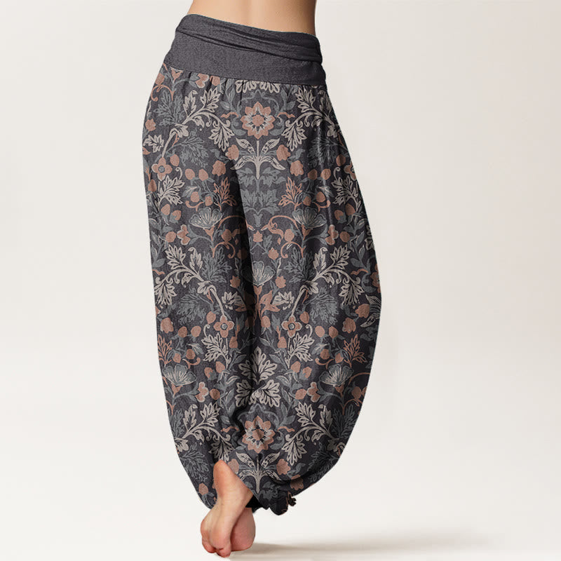 Buddha Stones Pure Cotton Casual Flower Vine Leaves Pattern Women's Elastic Waist Harem Pants
