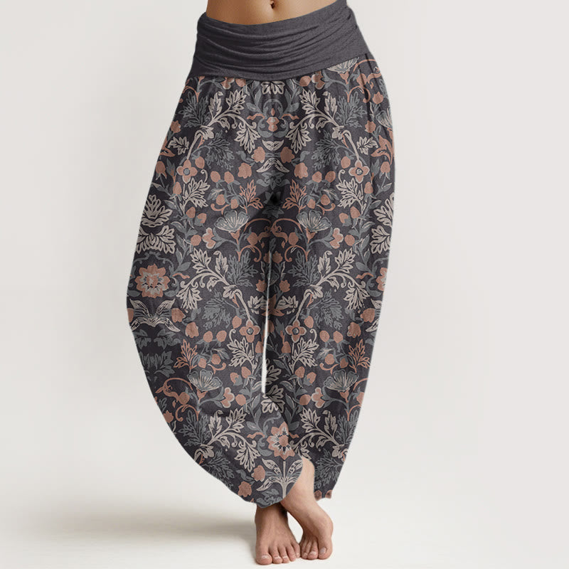 Buddha Stones Pure Cotton Casual Flower Vine Leaves Pattern Women's Elastic Waist Harem Pants