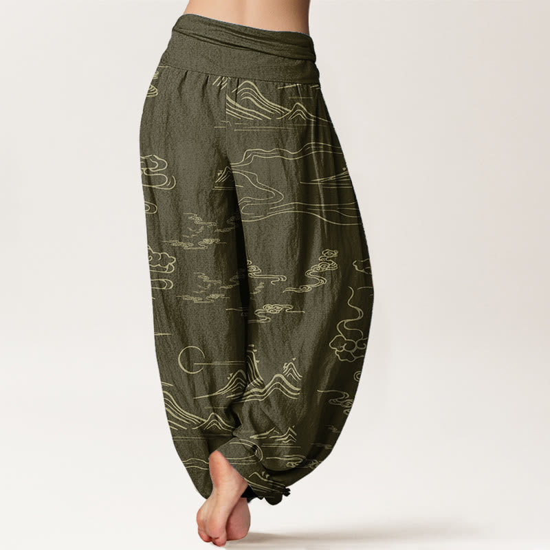 Buddha Stones Pure Cotton Mountain Moon Auspicious Clouds Pattern Women's Elastic Waist Harem Pants - image 12