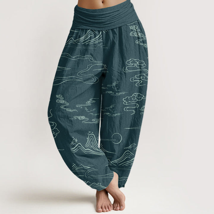 Buddha Stones Pure Cotton Mountain Moon Auspicious Clouds Pattern Women's Elastic Waist Harem Pants - DarkCyan - US22，UK/AU26，EU54 (6XL) - image 14