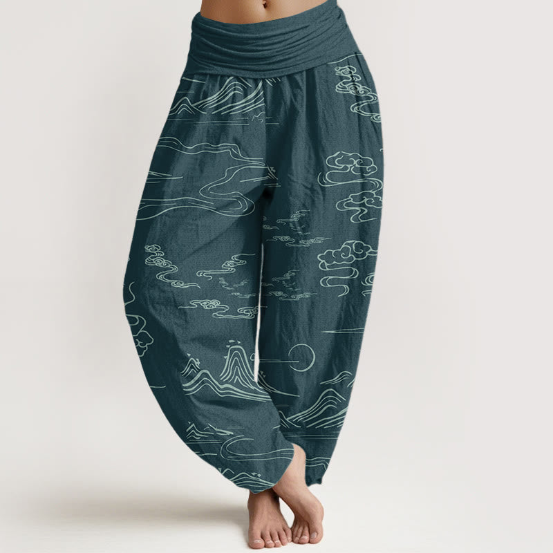 Buddha Stones Pure Cotton Mountain Moon Auspicious Clouds Pattern Women's Elastic Waist Harem Pants - DarkCyan - US22，UK/AU26，EU54 (6XL) - image 8