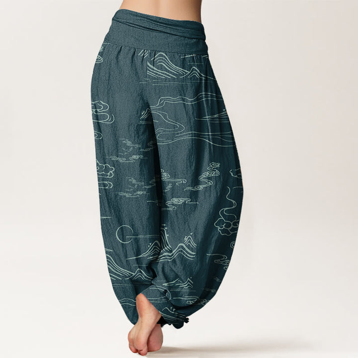 Buddha Stones Pure Cotton Mountain Moon Auspicious Clouds Pattern Women's Elastic Waist Harem Pants - image 15
