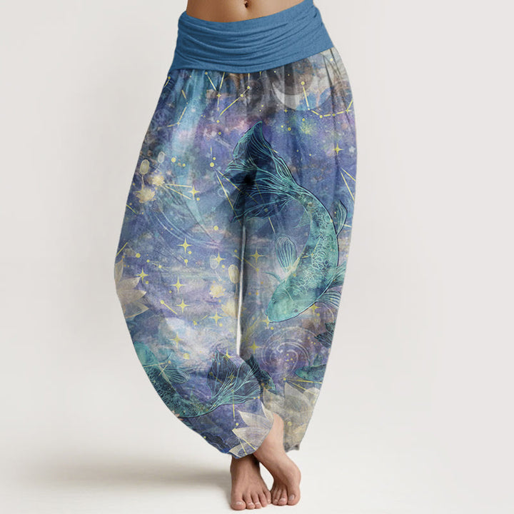Buddha Stones Pure Cotton Koi Fish Lotus Moon Stars Pattern Women's Elastic Waist Harem Pants