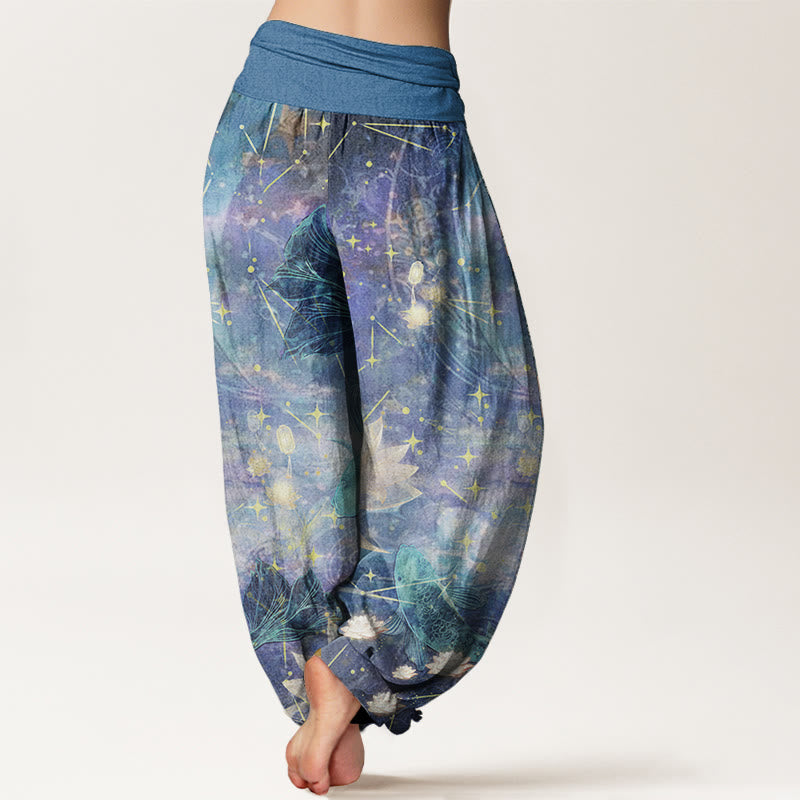Buddha Stones Pure Cotton Koi Fish Lotus Moon Stars Pattern Women's Elastic Waist Harem Pants