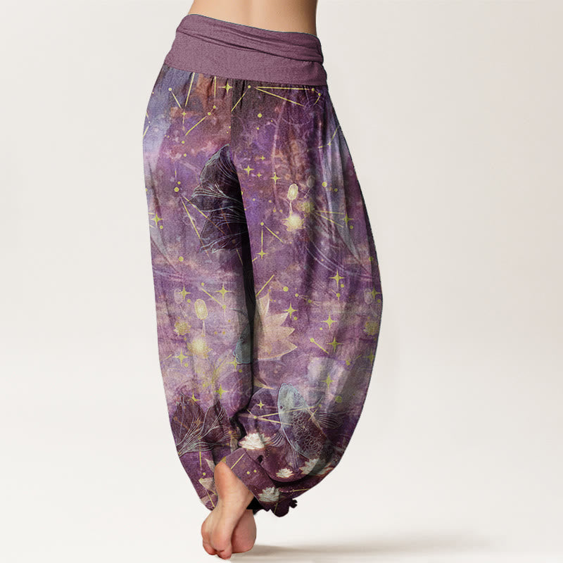 Buddha Stones Pure Cotton Koi Fish Lotus Moon Stars Pattern Women's Elastic Waist Harem Pants