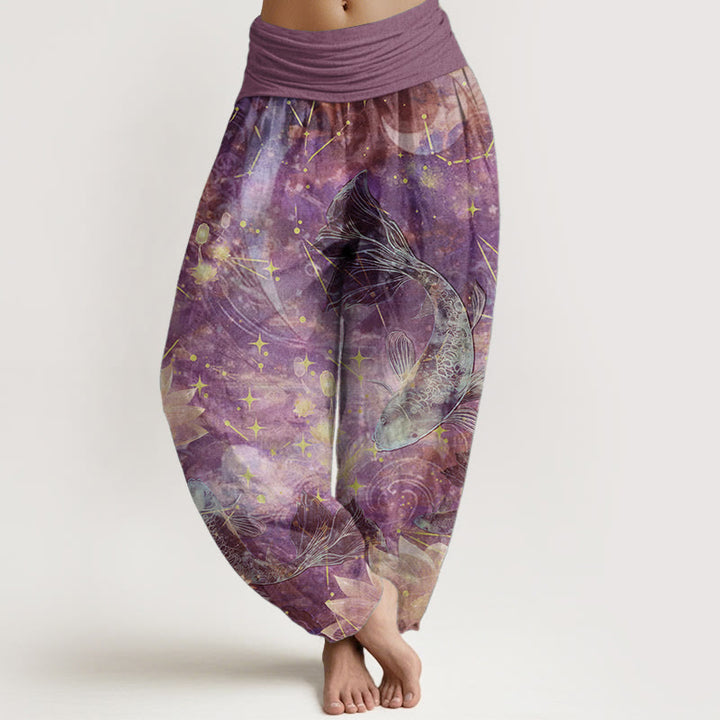 Buddha Stones Pure Cotton Koi Fish Lotus Moon Stars Pattern Women's Elastic Waist Harem Pants - Plum - US22，UK/AU26，EU54 (6XL) - image 5