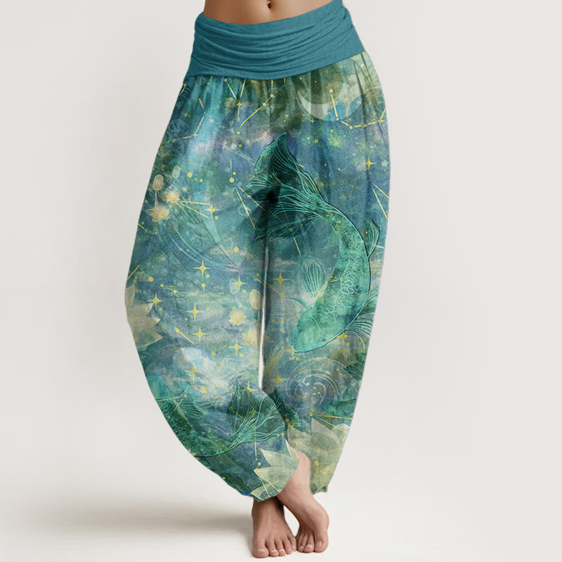 Buddha Stones Pure Cotton Koi Fish Lotus Moon Stars Pattern Women's Elastic Waist Harem Pants - MediumTurquoise - US22，UK/AU26，EU54 (6XL) - image 8