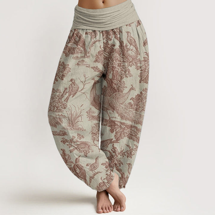 Buddha Stones Pure Cotton Birds Trees Branches Pattern Women's Elastic Waist Harem Pants