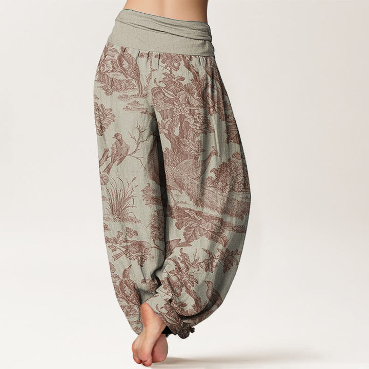 Buddha Stones Pure Cotton Birds Trees Branches Pattern Women's Elastic Waist Harem Pants