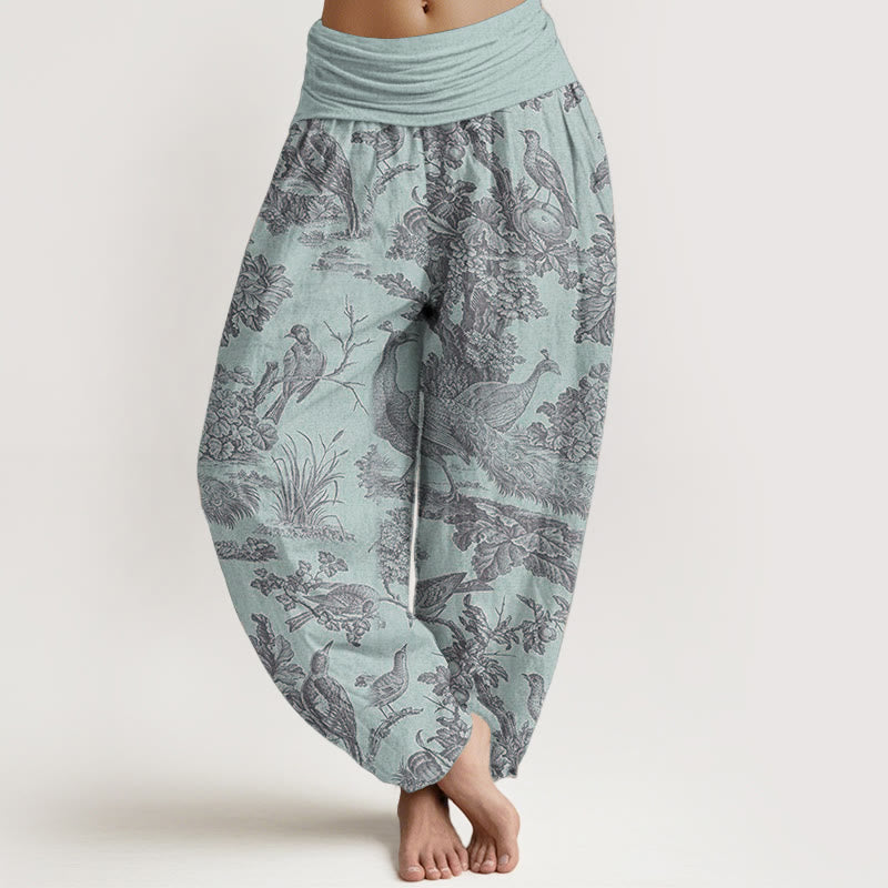 Buddha Stones Pure Cotton Birds Trees Branches Pattern Women's Elastic Waist Harem Pants