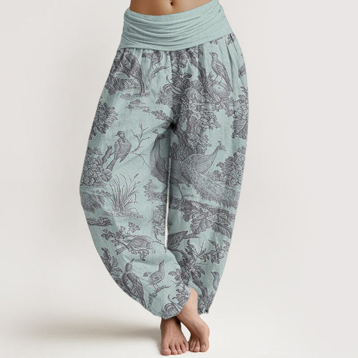 Buddha Stones Pure Cotton Birds Trees Branches Pattern Women's Elastic Waist Harem Pants