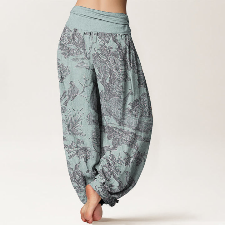 Buddha Stones Pure Cotton Birds Trees Branches Pattern Women's Elastic Waist Harem Pants