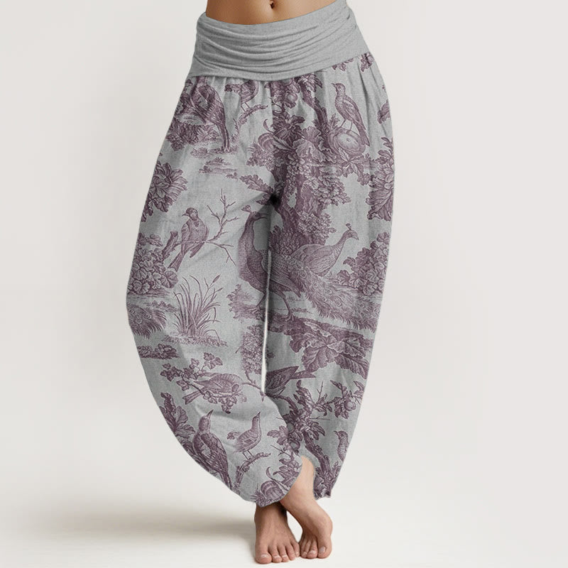 Buddha Stones Pure Cotton Birds Trees Branches Pattern Women's Elastic Waist Harem Pants