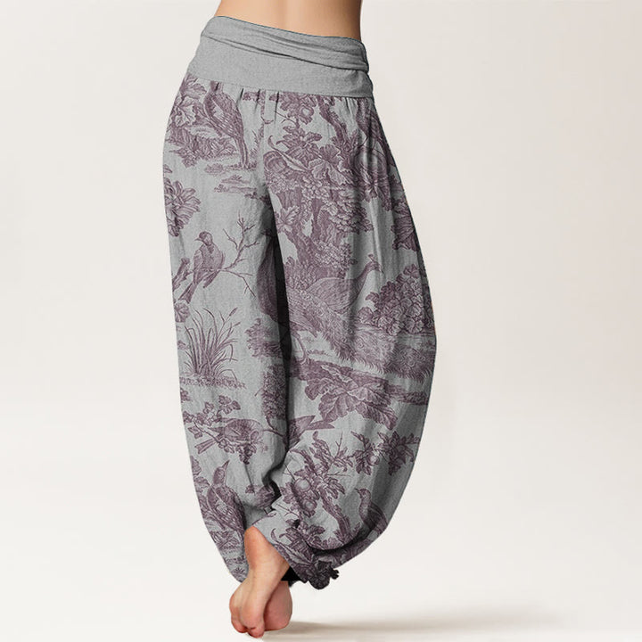 Buddha Stones Pure Cotton Birds Trees Branches Pattern Women's Elastic Waist Harem Pants