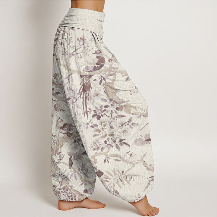 Buddha Stones Pure Cotton Birds Branches Flowers Pattern Women's Elastic Waist Harem Pants