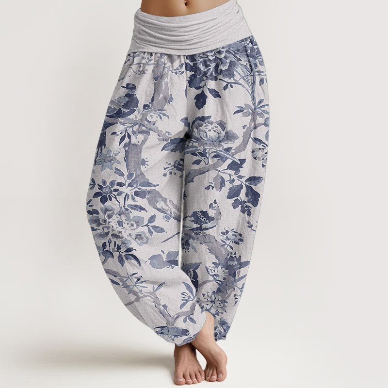 Buddha Stones Pure Cotton Birds Branches Flowers Pattern Women's Elastic Waist Harem Pants