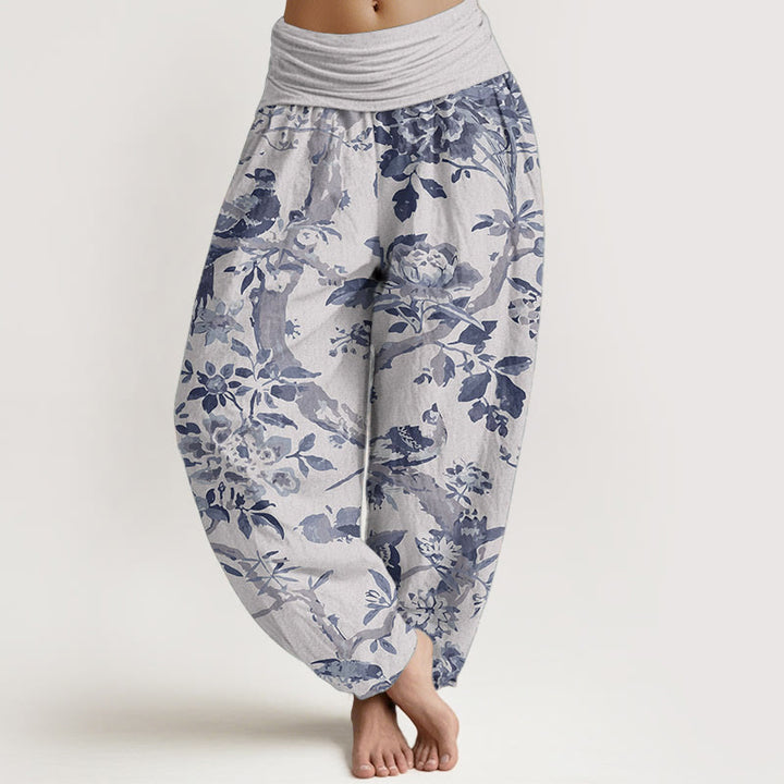 Buddha Stones Pure Cotton Birds Branches Flowers Pattern Women's Elastic Waist Harem Pants